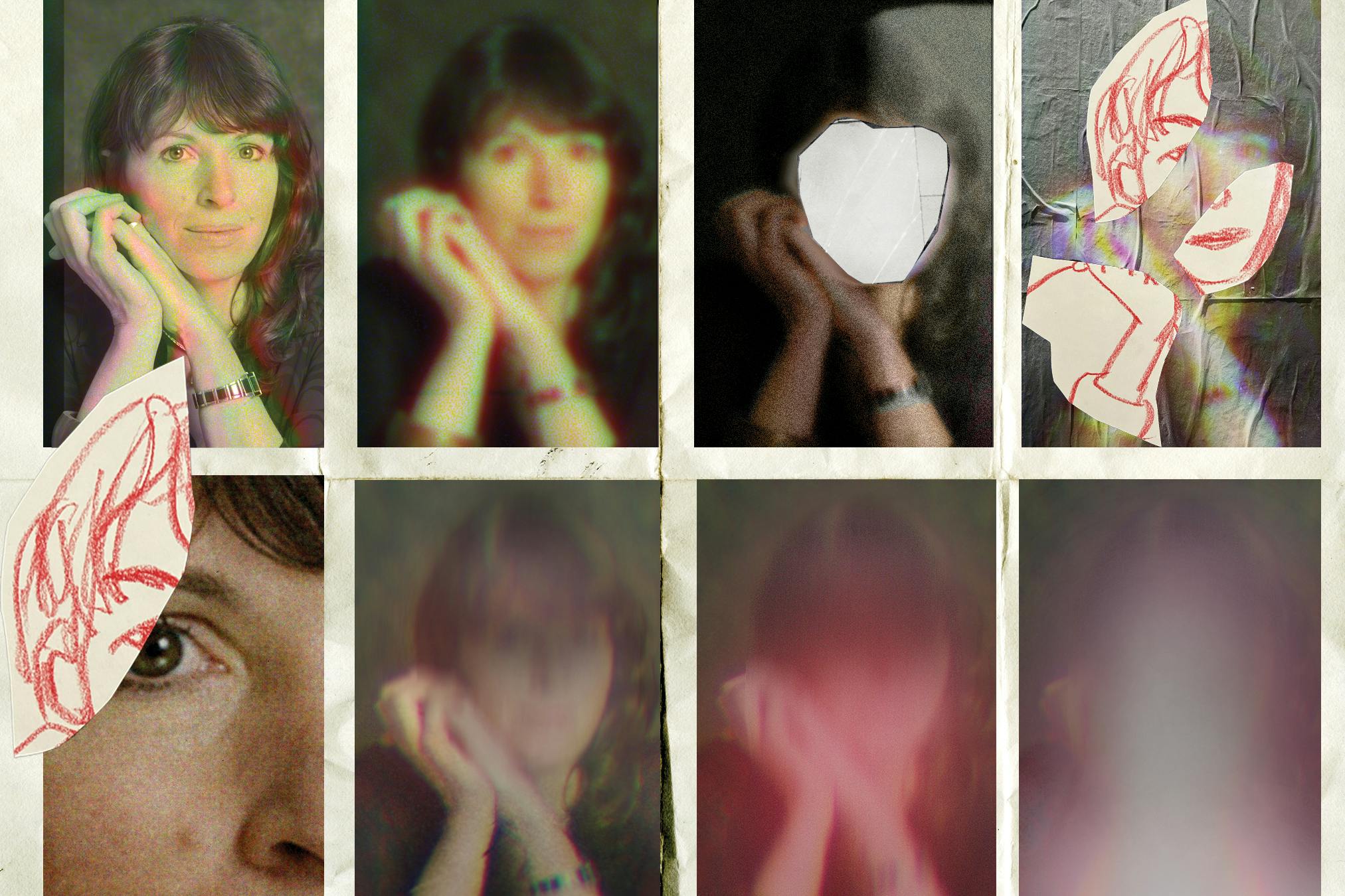 A grid of photographs of the author Rachel Cusk illustrated in various ways with drawings and cutouts