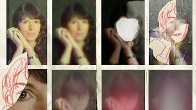 A grid of photographs of the author Rachel Cusk illustrated in various ways with drawings and cutouts