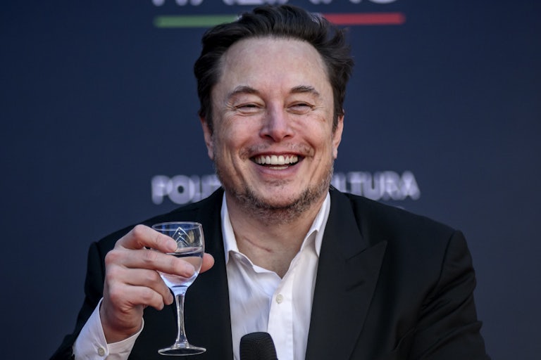 Elon Musk smiles and raises a champagne glass