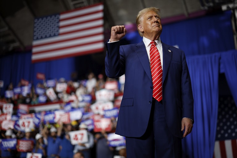 Donald Trump raises a fist in victory