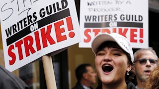 Demonstrators at a screenwriters' strike in New York City