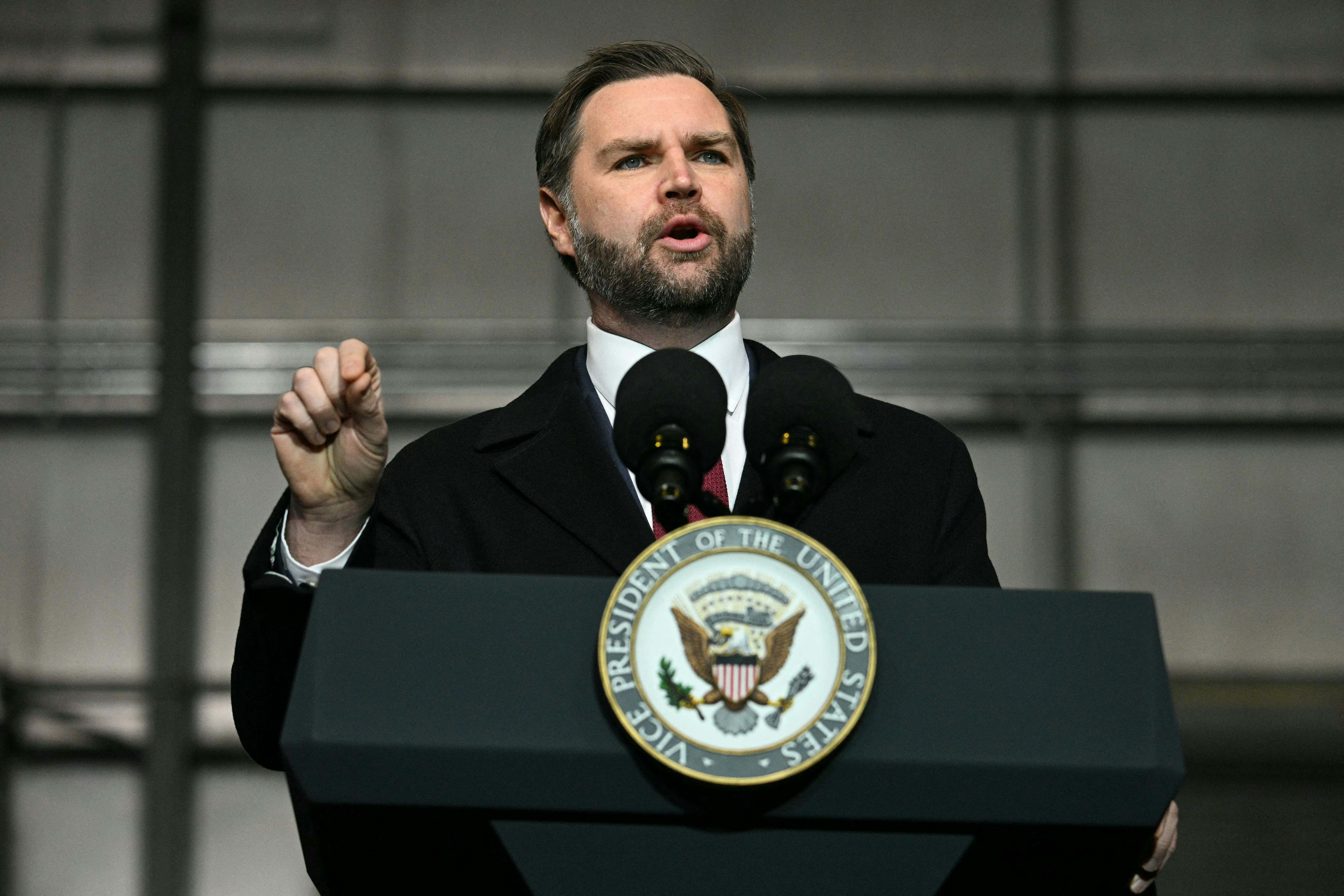 JD Vance speaks at the vice president's podium