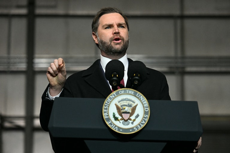 JD Vance speaks at the vice president's podium