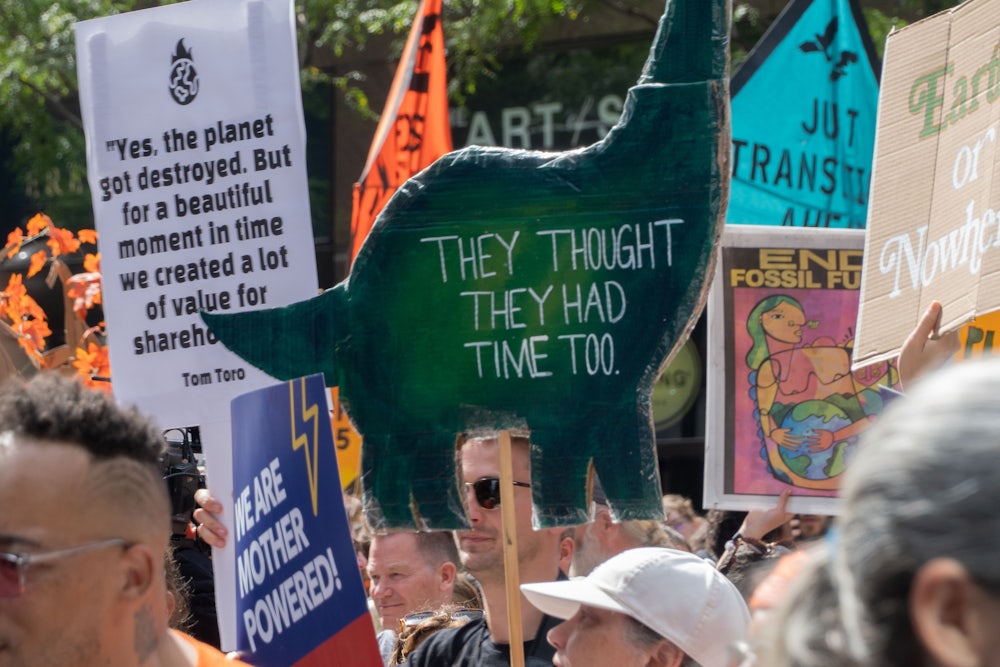 A sign shaped like a dinosaur reads "they thought they had time too."