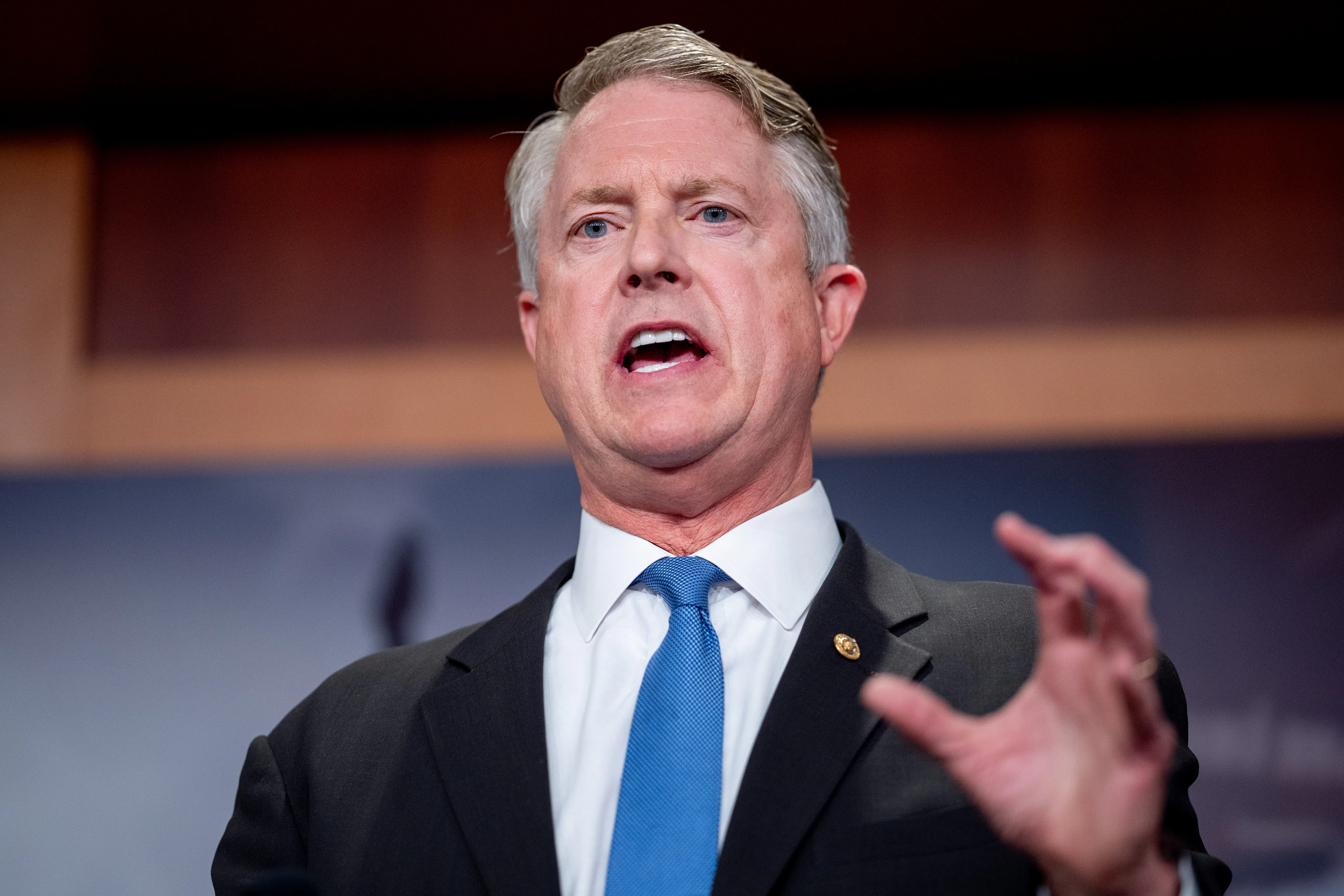 Senator Roger Marshall speaks during a news conference on Capitol Hill.