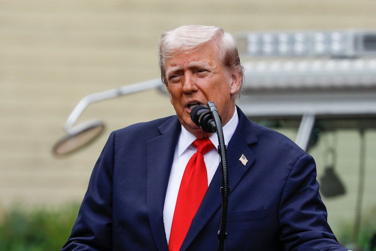 Donald Trump speaks into a microphone