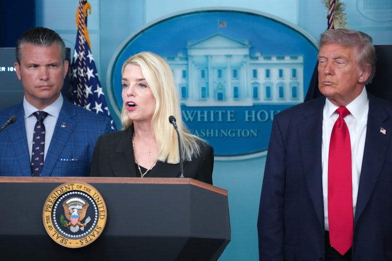Attorney General Pam Bondi speaks at a press conference.