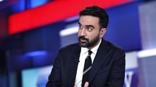 Zohran Mamdani speaks on a news set.