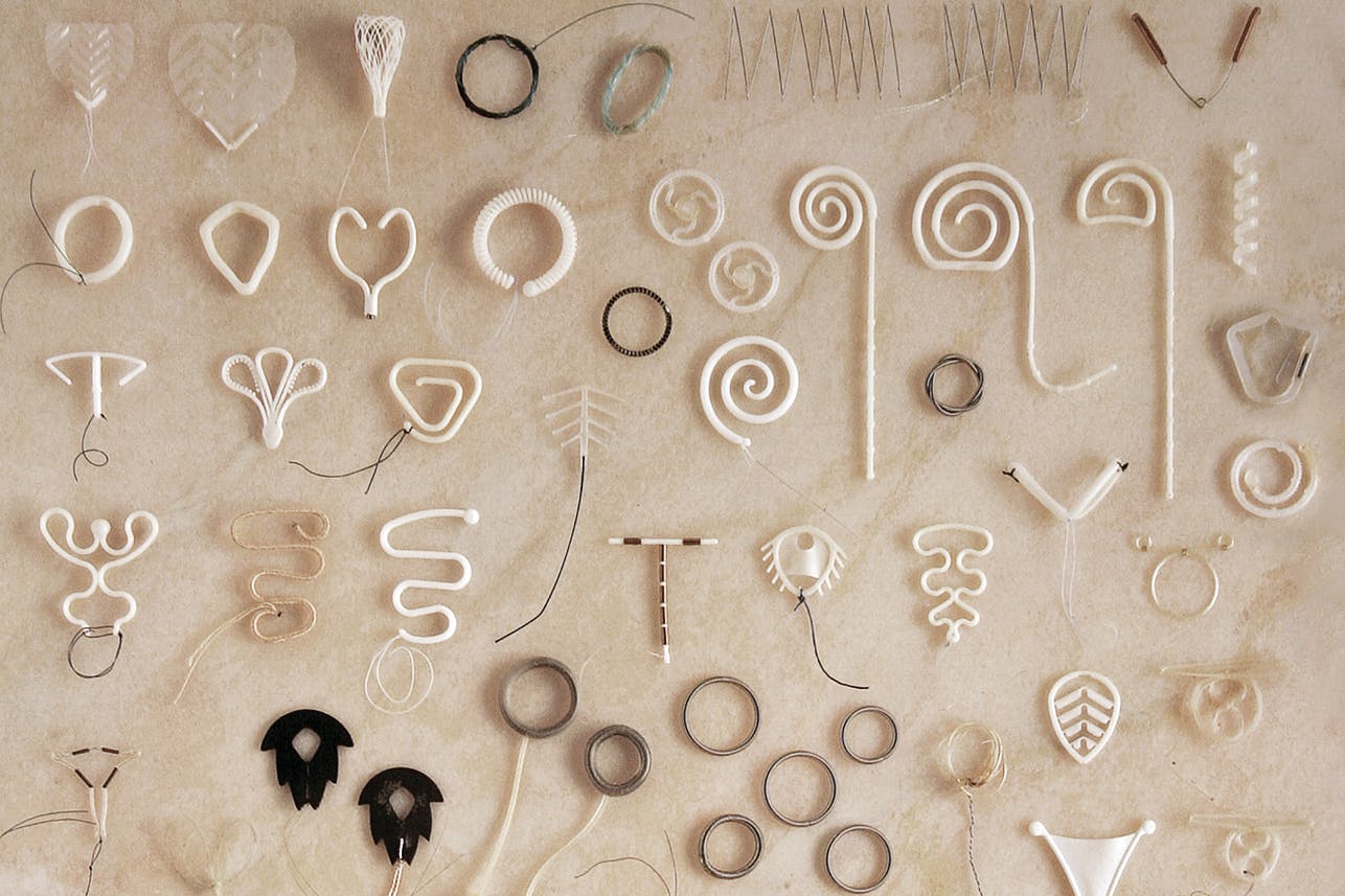 A collection of historical contraceptive devices. 