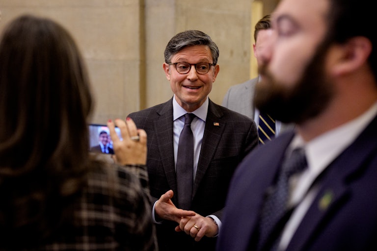 House Speaker Mike Johnson speaks to reporters in the Capitol