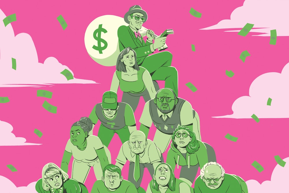 A illustration of 11 people creating a pyramid with the top person throwing out dollar bills