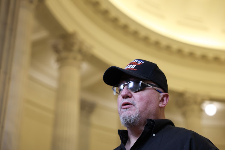 Oath Keepers founder Stewart Rhodes speaks to the press in the Capitol