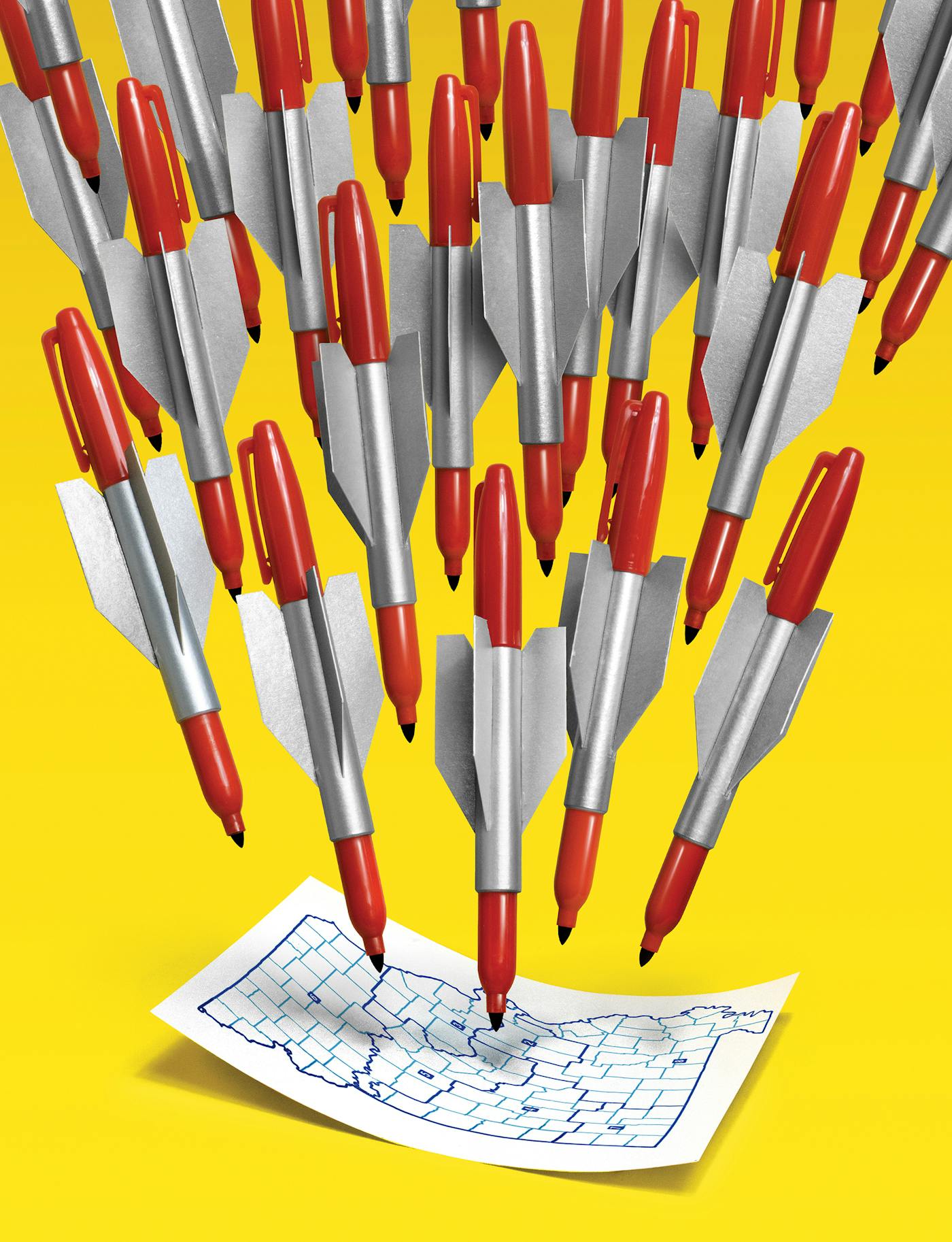 An illustration of red pens with arrow sleeves aiming for a map of Missouri's districts 
