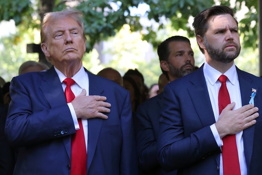 Donald Trump and J.D. Vance stand with hands on hearts