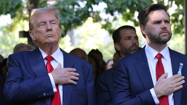 Donald Trump and J.D. Vance stand with hands on hearts