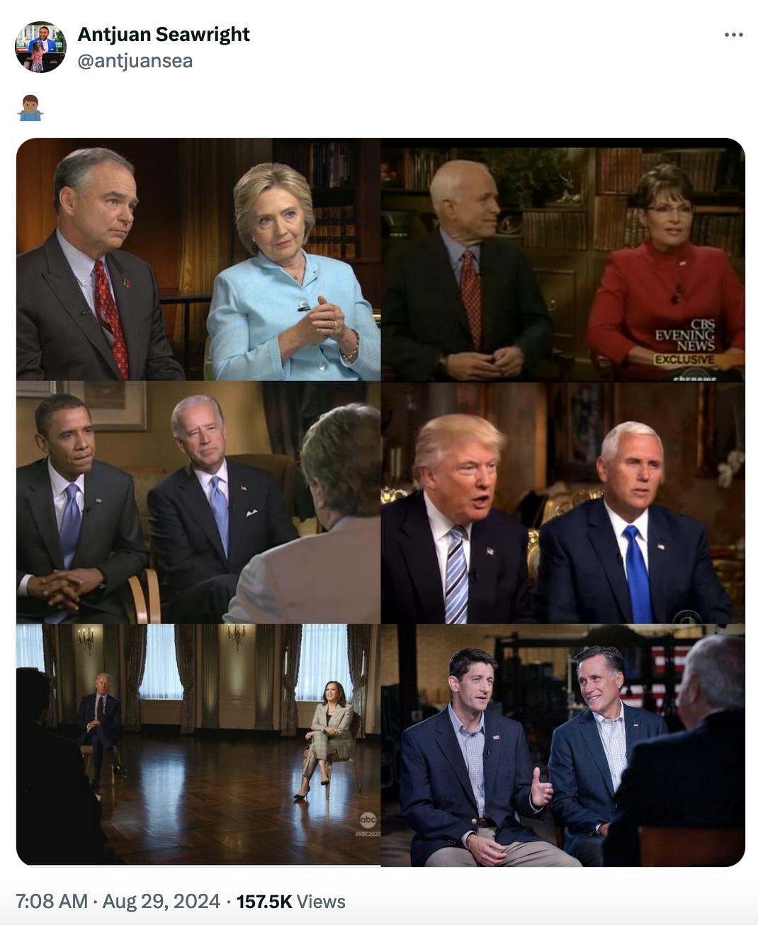 Twitter screenshot Antjuan Seawright @antjuansea: 🤷🏾‍♂️ (photo collage of multiple Democratic and Republican presidential candidates sitting down for a joint interview with their running mate)