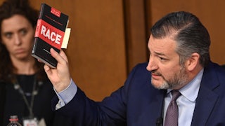 Ted Cruz waves a book about critical race theory during the confirmation hearings of Supreme Court nominee Ketanji Brown Jackson.