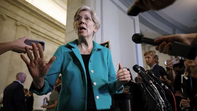 Elizabeth Warren outside the Kennedy Caucus Room in the Russell Senate Office Building in September 2023