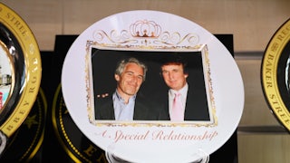 A satirical commemorative plate is printed with a photo of Donald Trump and Jeffrey Epstein and the words "A special relationship"