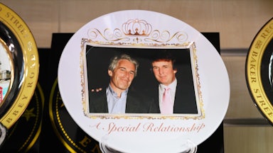 A satirical commemorative plate is printed with a photo of Donald Trump and Jeffrey Epstein and the words "A special relationship"