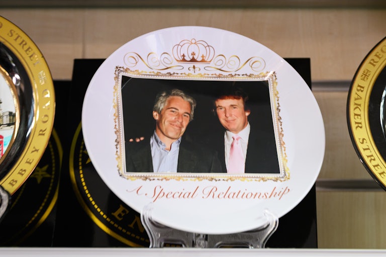 A satirical commemorative plate is printed with a photo of Donald Trump and Jeffrey Epstein and the words "A special relationship"