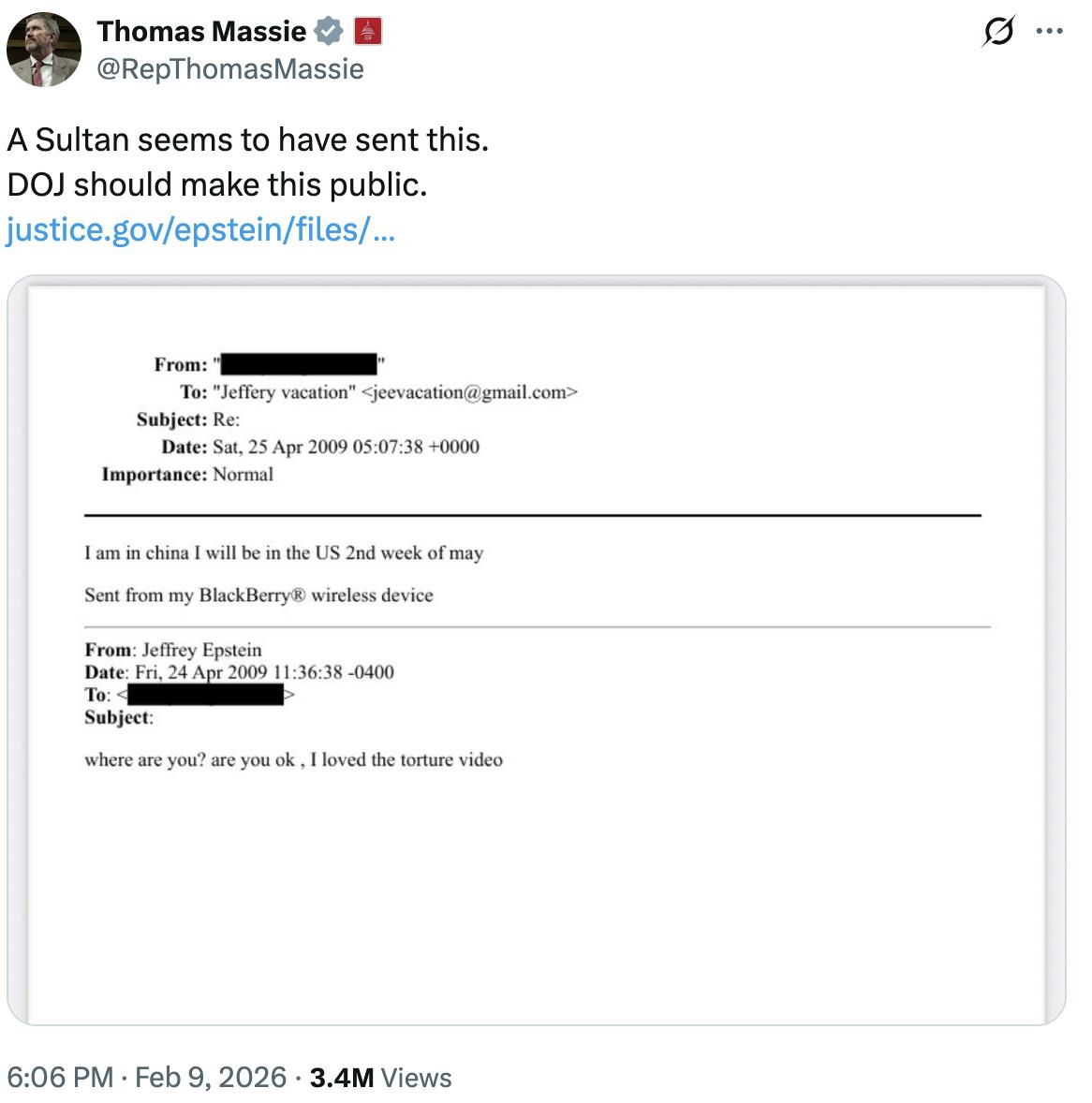 X Screenshot Thomas Massie @RepThomasMassie A Sultan seems to have sent this. DOJ should make this public. https://justice.gov/epstein/files/ (screenshot of emails)