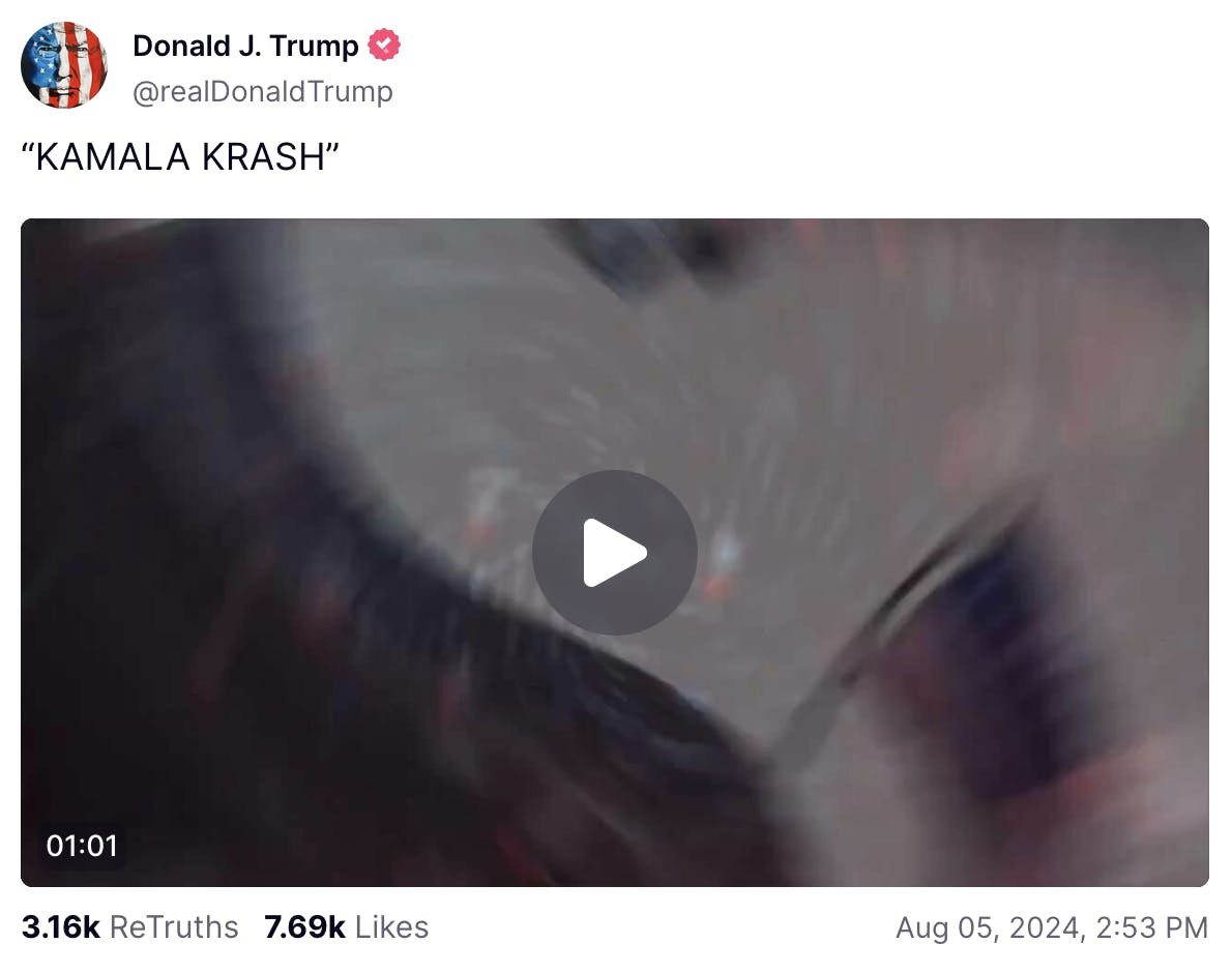 Truth Social screenshot Donald J. Trump @realDonaldTrump “KAMALA KRASH”