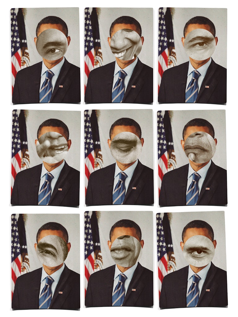 A collage of headshots of Barack Obama, his face covered by black-and-white close-ups of his eyes and mouth