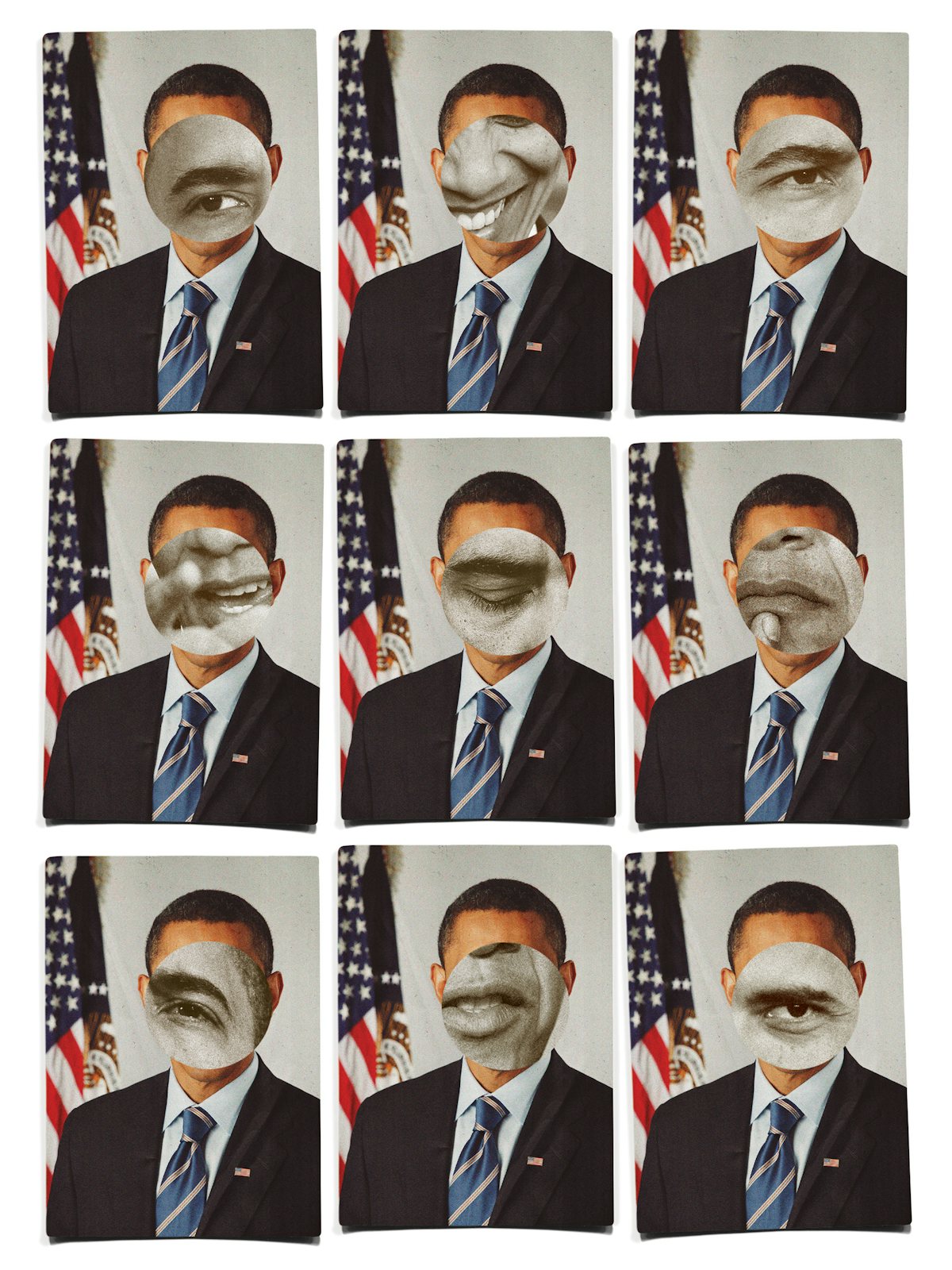 A collage of headshots of Barack Obama, his face covered by black-and-white close-ups of his eyes and mouth