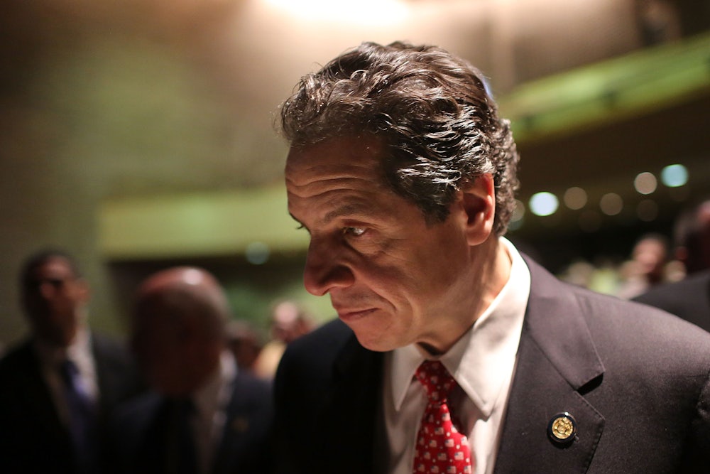 Andrew Cuomo pauses after delivering his State of the State and budget proposals at The City College of New York