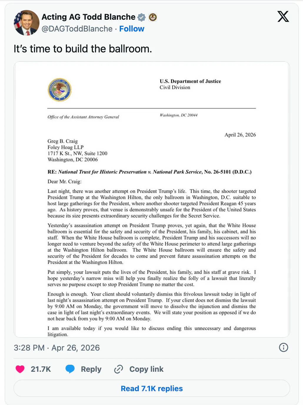 X screenshot Acting AG Todd Blanche @DAGToddBlanche It’s time to build the ballroom. (screenshot of letter)