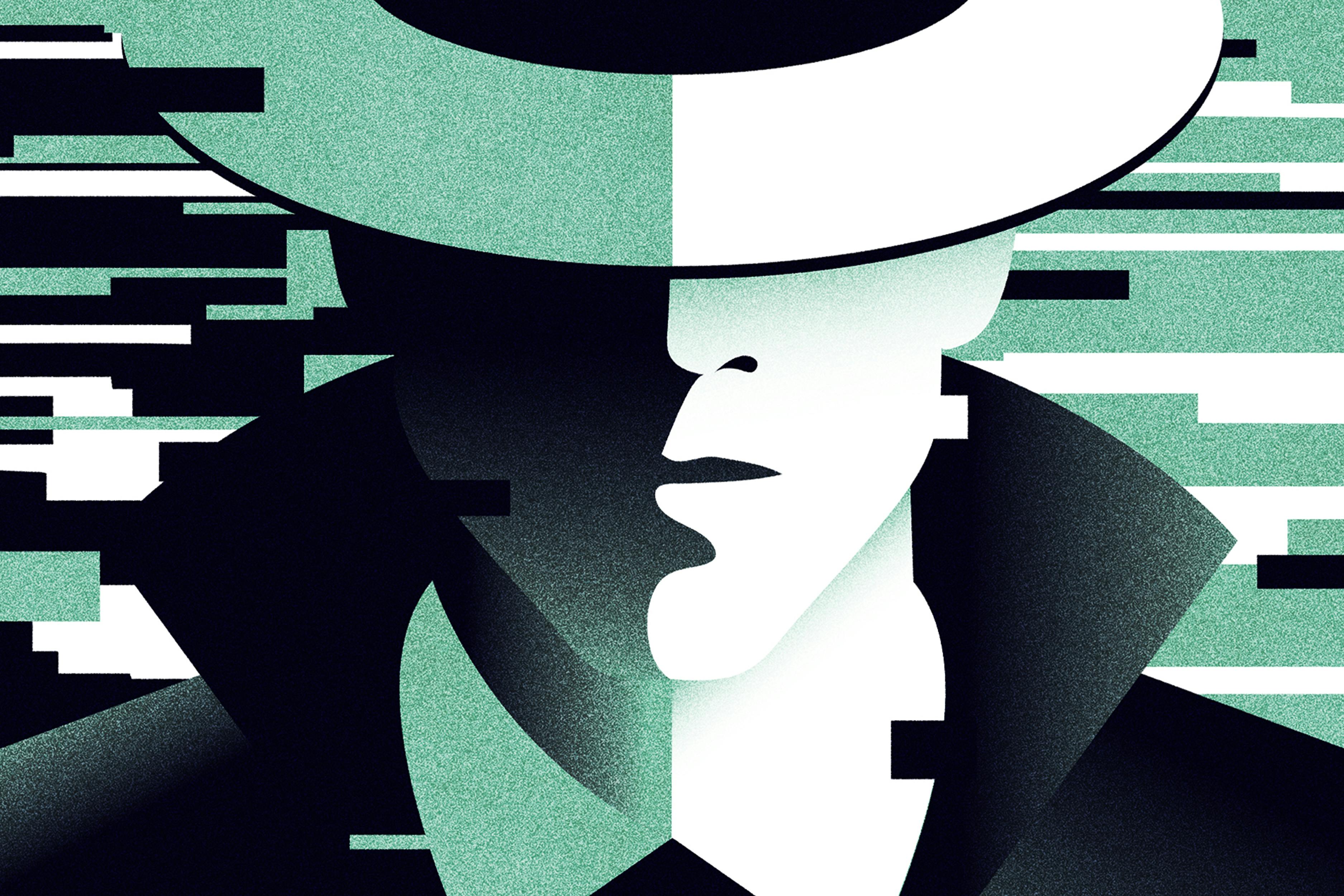 A green, white, and black illustration of a spy, eyes covered with a hat