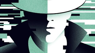 A green, white, and black illustration of a spy, eyes covered with a hat