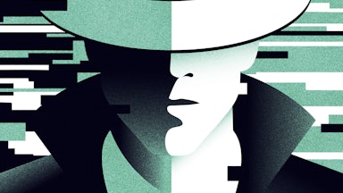 A green, white, and black illustration of a spy, eyes covered with a hat