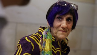 A close-up of Rosa DeLauro as she speaks with reporters.