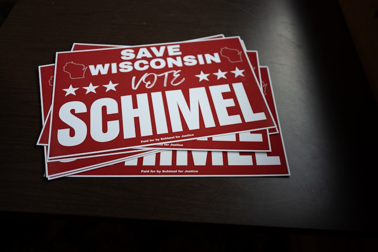 Signs for Wisconsin state Supreme Court justice candidate Brad Schimel