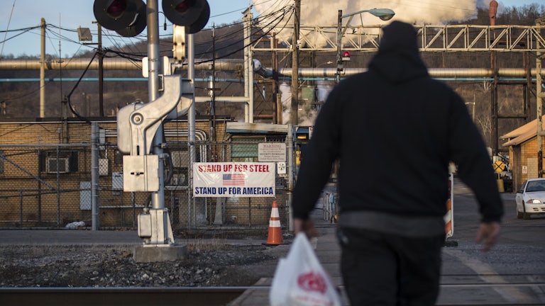A worker entering the U.S. Steel Clairton Works in Clairton, Pennsylvania