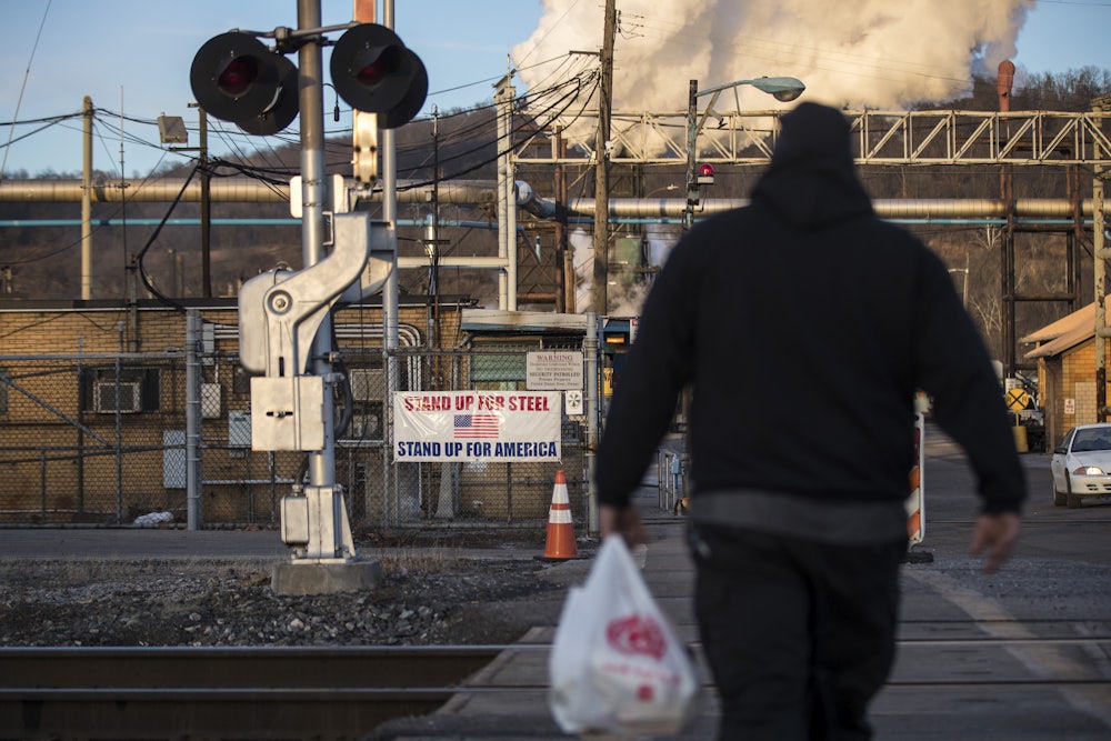 A worker entering the U.S. Steel Clairton Works in Clairton, Pennsylvania