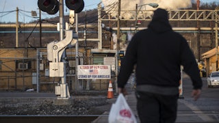 A worker entering the U.S. Steel Clairton Works in Clairton, Pennsylvania