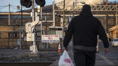 A worker entering the U.S. Steel Clairton Works in Clairton, Pennsylvania