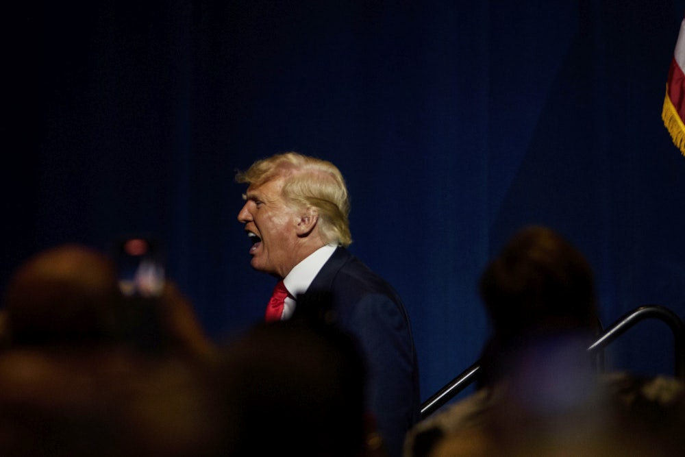Donald Trump, on stage in North Carolina, shouts into the distance