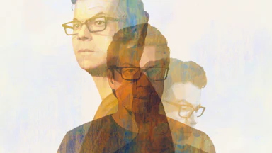 A photo collage of three overlapping images of author Ben Lerner