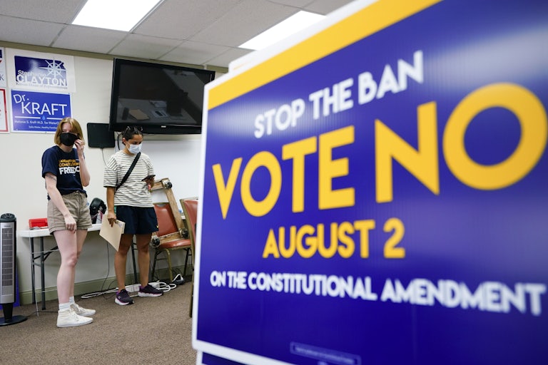 A sign in the forefront reads "Stop the Ban Vote No August 2 on the constitutional amendment." Two people stand in the background wearing masks.
