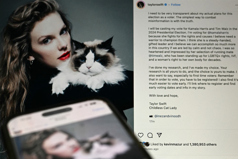 This photo-illustration shows Taylor Swift's Instagram post endorsing US Vice President and Democratic presidential candidate Kamala Harris.