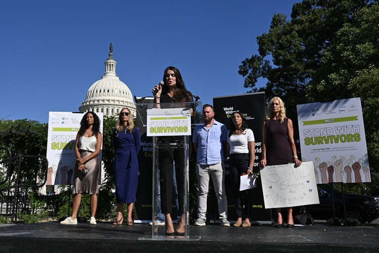 Teresa Helm, a survivor of sexual abuse by Jeffrey Epstein speaks at the Stand with Survivors Rally in support of Jeffrey Epstein and Ghislaine Maxwell's victims, in Washington, DC on September 3, 2025. (