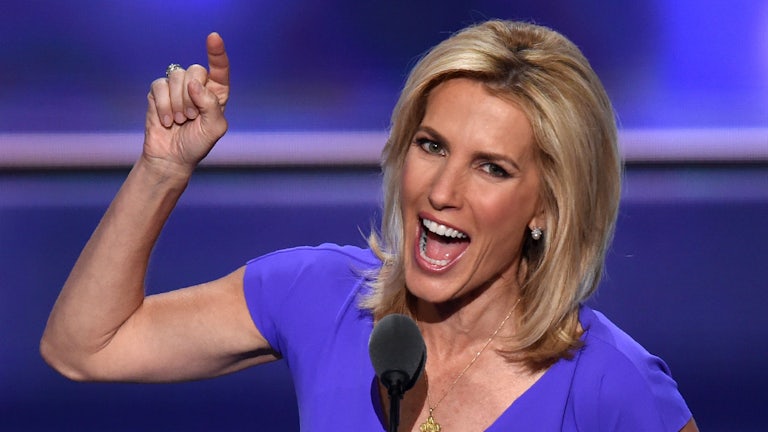 Fox News’s Laura Ingraham smiles as she gesticulates to the crowd.