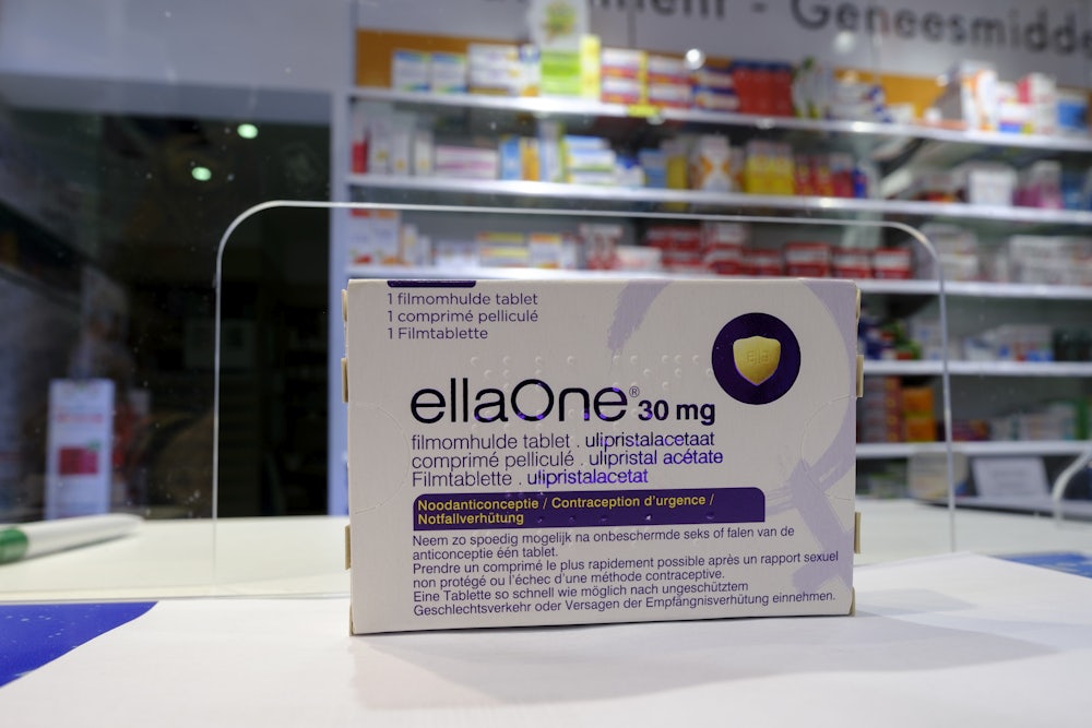 A box of EllaOne (ulipristal acetate), an emergency hormonal contraceptive treatment manufactured and marketed by HRA Pharma pharmaceutical company, is seen at a pharmacy in Brussels, Belgium.