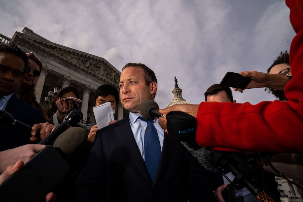 Democratic representative Josh Gottheimer talks to reporters in 2021.