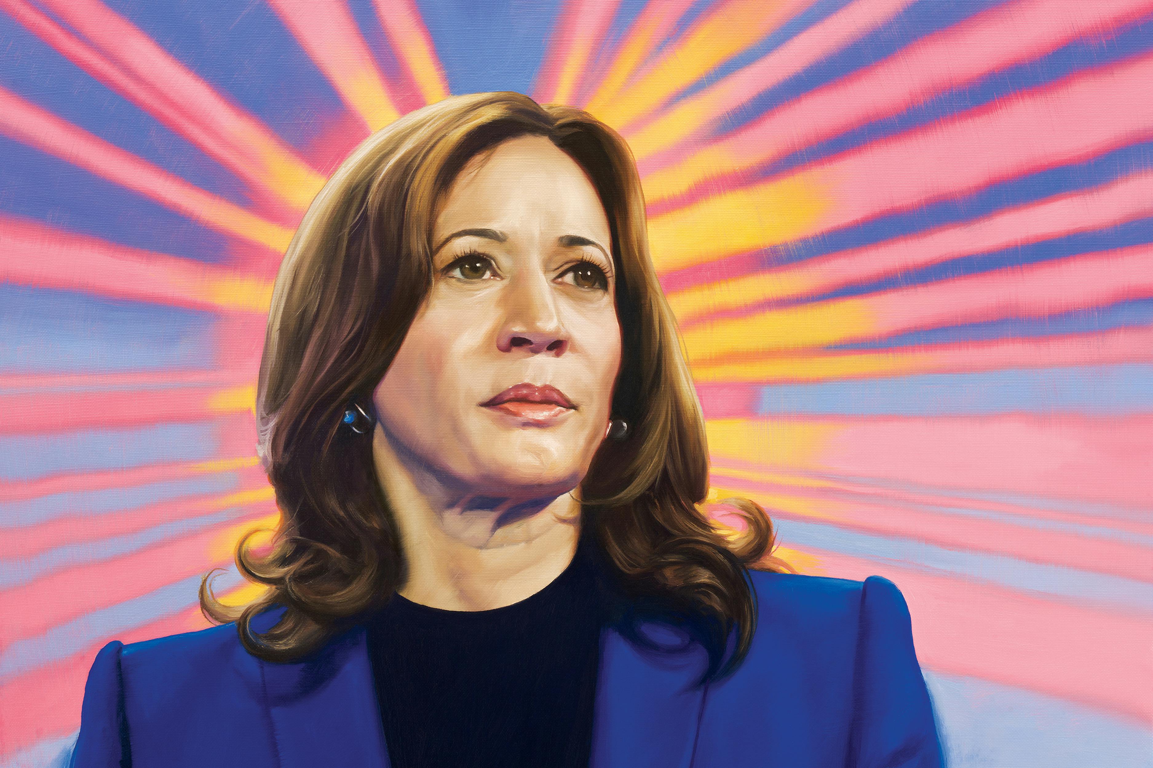 An illustration of Kamala Harris looking confident and heroic