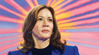 An illustration of Kamala Harris looking confident and heroic